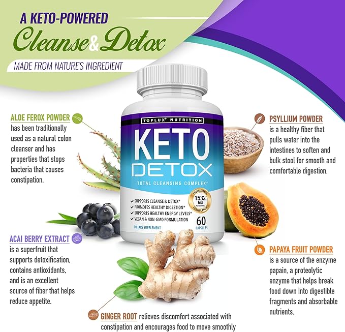 Toplux Keto Detox Pills Advanced Cleansing Extract – 1532 Mg Natural Acai Colon Cleanser Formula, Flush Toxins & Excess Waste, for Men Women, 60 Capsules, Supplement
