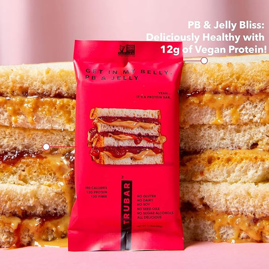 TRUBAR Vegan Protein Bar, Get In My Belly Pb & Jelly, Gluten Free, Plant Based, High Fiber, Dairy Free, Low Fat, Non GMO, No Sugar Alcohols, 12G Lean Protein, 13G Fiber, Healthy Snack Bars, 12 CT