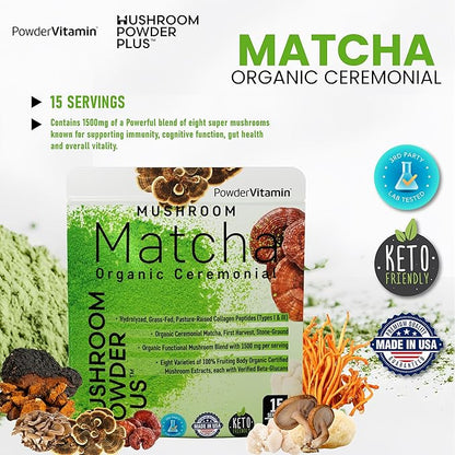 Organic Ceremonial Mushroom Matcha Certified Pesticide-Free Grass-Fed Collagen Types I & III, 8 Fruiting Body Mushrooms Tested for Beta-Glucans Focus Digestion & Immunity 15 Servings