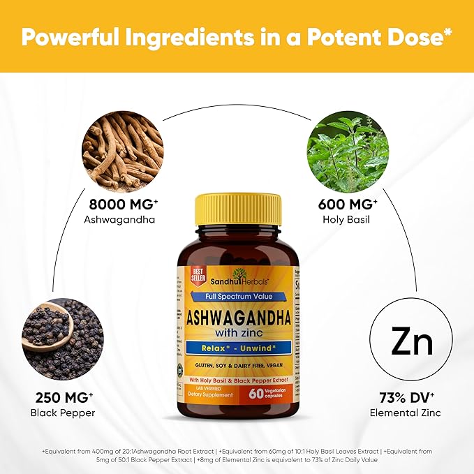 Ashwagandha Supplement|60 Organic 4 in 1 1 Month Supply|8000mg with