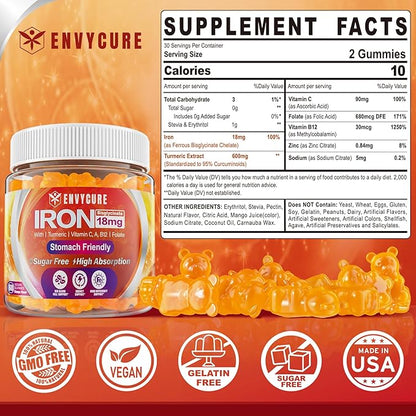 Sugar Free Iron Gummies 18mg for Women Men, Iron Bisglycinate Supplement Gummies with Vitamin C, Turmeric & Folate - Blood Builder for Iron Deficiency, Anemia & Energy, Non-Constipating (2 PACK)