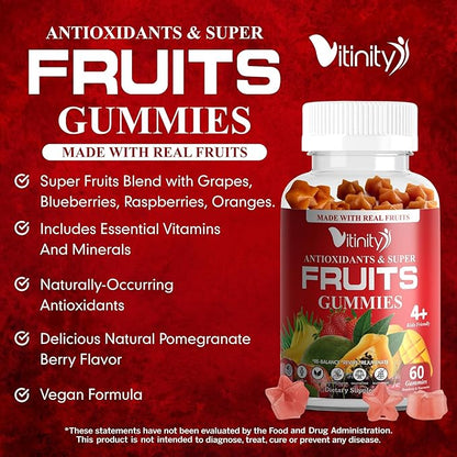 Made with Real Super Fruits Delicious Gummy Supplement,Men,Women & Kids(60 Chews),9 Superfruits,Fruit & Herbs,Superfruits Vitamins,Non-GMO,Pectin-Based,Gluten-Free,No More Pills-30 Day Supply