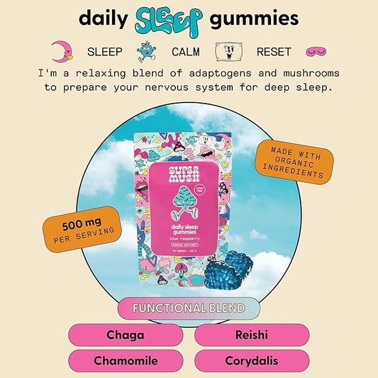 SuperMush Sleep Gummies for Adults - Mushroom Supplement with Magnesium Citrate, L-Theanine, Chaga, Reishi & Chamomile for Deep Sleep, REM & Detox - Vegan & Sugar-Free - 60 Gummies (30 Servings)