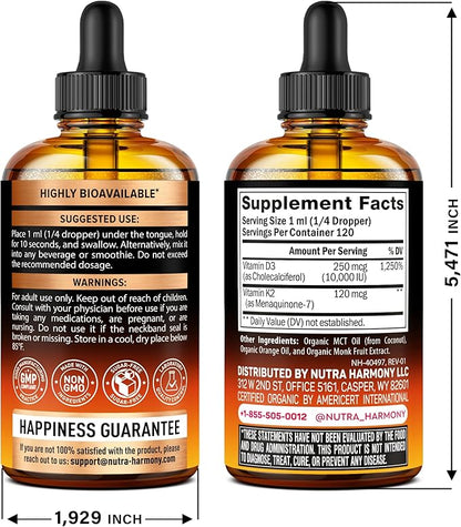 Vitamin D3 K2 USDA Organic Drops - Vitamin D3 10000 IU & K2 as MK-7 120mcg - Immune & Mood Support, Bone & Teeth Health - Sugar-Free Orange Flavor - Liquid Supplement - Made in USA - 4 FL OZ, 120 Days