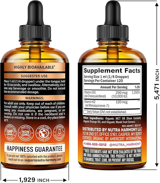 Vitamin D3 K2 USDA Organic Drops - Vitamin D3 10000 IU & K2 as MK-7 120mcg - Immune & Mood Support, Bone & Teeth Health - Sugar-Free Orange Flavor - Liquid Supplement - Made in USA - 4 FL OZ, 120 Days