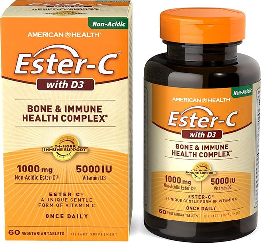 American Health EsterC with D3 Bone 24Hour Immune 1000 mg 5000 IU D3 NonAcidic 60 Count