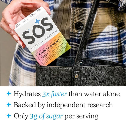 SOS Hydration Electrolyte Powder Drink Mix Packets | Daily Hydration & Energy | Added Essential Vitamins | Low Sugar | 24 Servings (Rainbow Sherbet)
