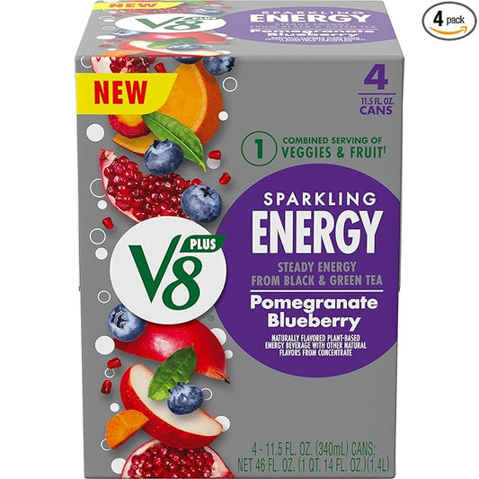 V8 +Energy Sparkling Pomegranate Blueberry Juice Energy Drink, 11.5 fl oz Can (4 Pack)