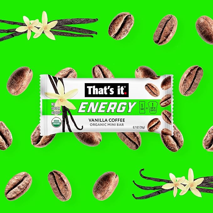 That’s it. Organic Energy Coffee Mini Bars - (1 Mini Bar = 1 Cup of Coffee) Grab and Go, No Added Sugars, Non-GMO, Caffeine Power Snack, Kosher, Allergy Friendly (Vanilla Coffee - 15 Count)