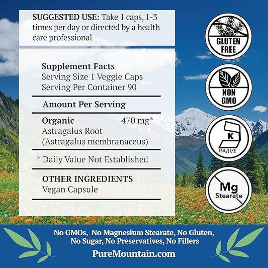 Pure Mountain Botanicals Astragalus Root Capsules 90 Kosher 470mg Organic