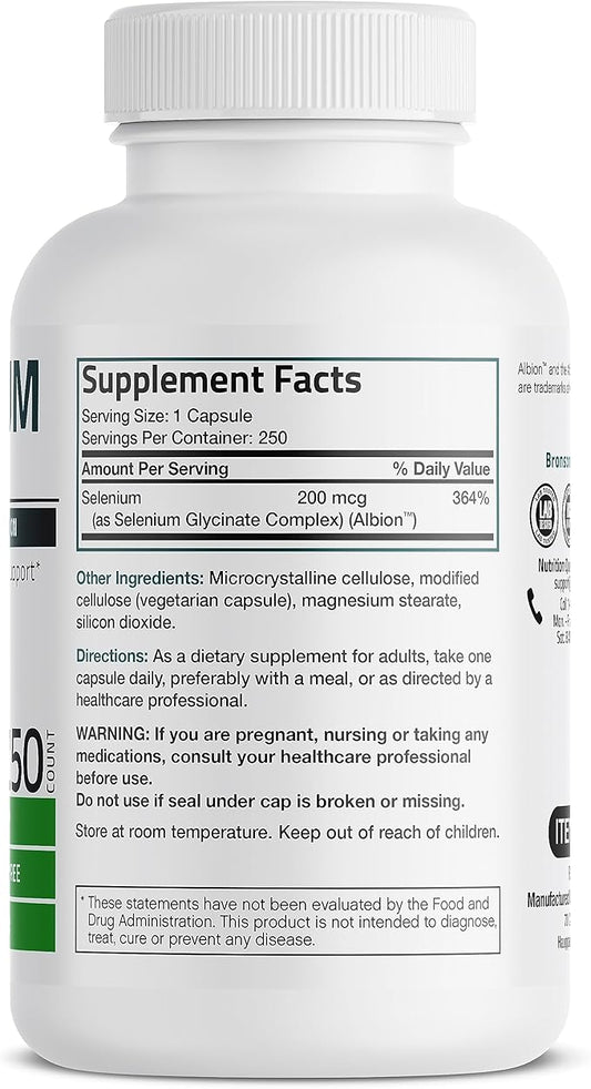 Bronson Selenium 200 mcg – Yeast Free Chelated Amino Acid Complex - Essential Trace Mineral with Superior Absorption, 250 Vegetarian Capsules
