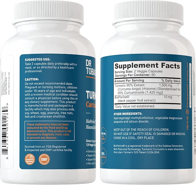 Dr. Tobias Turmeric Curcumin Supplement Support,1500 mg 95% Curcuminoids, 120 Capsules
