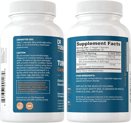 Dr. Tobias Turmeric Curcumin Supplement Support,1500 mg 95% Curcuminoids, 120 Capsules