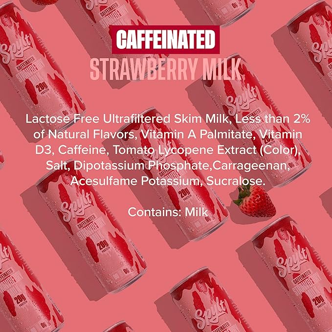 High Protein Strawberry Milk with 60mg Caffeine & 20g Protein - Ready to Drink, Sugar Free, Lactose Free Milk, Perfect for Workout Recovery & Afternoon Pick Me Up - 12 Count