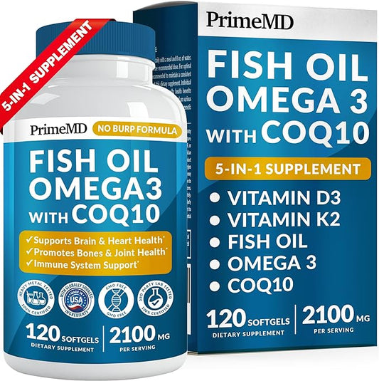 5-in-1 Fish Oil Omega 3 Supplements (2100mg) 3 Fish D3 & K2 and CoQ10 - 3 Supplement 3 Fatty (120 softgels)