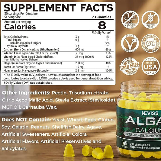 (2 Pack) Algae Calcium Gummies 600mg D3, C,