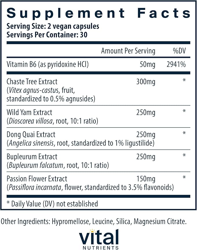 Vital Nutrients PMS Support - Vitex Berry & Passionflower Extract for Premenstrual Support & Hormone Balance* - Vitamin B6 PMS Supplements - Gluten, Dairy, Soy Free - Non-GMO - 60 Capsules