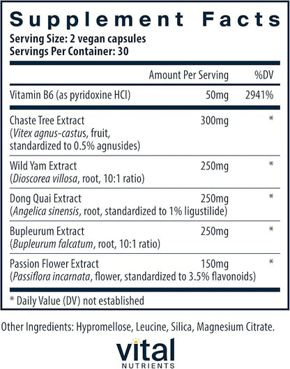 Vital Nutrients PMS Support - Vitex Berry & Passionflower Extract for Premenstrual Support & Hormone Balance* - Vitamin B6 PMS Supplements - Gluten, Dairy, Soy Free - Non-GMO - 60 Capsules