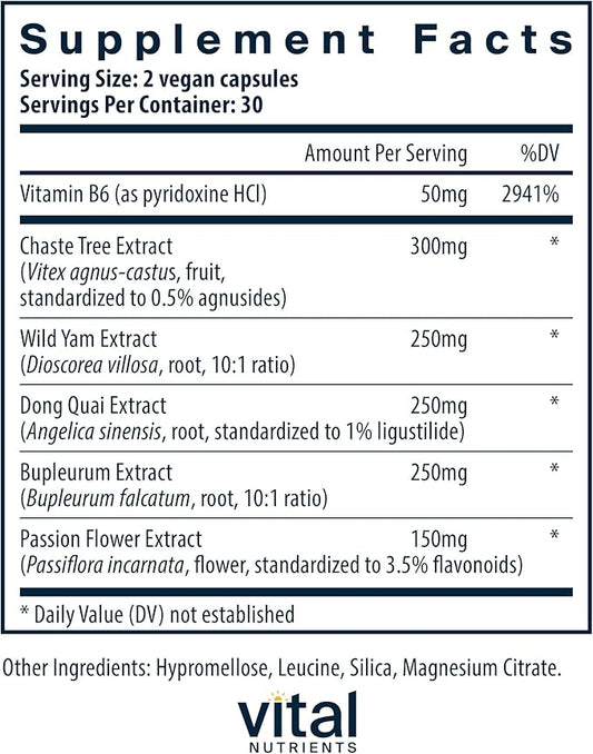 Vital Nutrients PMS Support - Vitex Berry & Passionflower Extract for Premenstrual Support & Hormone Balance* - Vitamin B6 PMS Supplements - Gluten, Dairy, Soy Free - Non-GMO - 60 Capsules