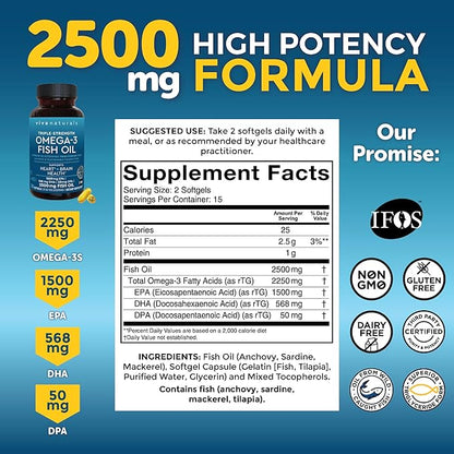 Viva Naturals Triple Strength Omega 3 Fish Oil Supplement - 2500 mg Fish Oil with Re-Esterified Omega 3 Fatty Acids Including EPA, DHA DPA - 30 Pescatarian-Friendly Softgels