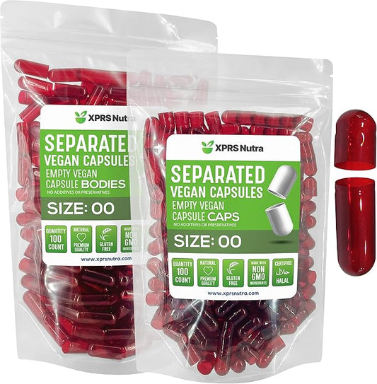 XPRS Nutra Vegan Size 00 Separated Capsules - 100 Count Premium Empty Capsules Separated in Bags - Separated Empty 00 Capsules - Pill Capsules Empty for DIY Supplement Filling (Clear Red)
