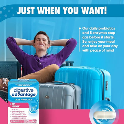 Digestive Advantage Gas Defense, Daily Probiotics for Women & Men Digestive Health with 5 Digestive Enzymes, Supports Gut Health & Stops Gas Before Start, with Immune Support, 32 Capsules