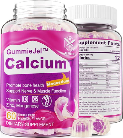 Sugar-Free Calcium Citrate Gummies 1000mg w/Vitamin D3 K2, K2, Magnesium, 60 Count