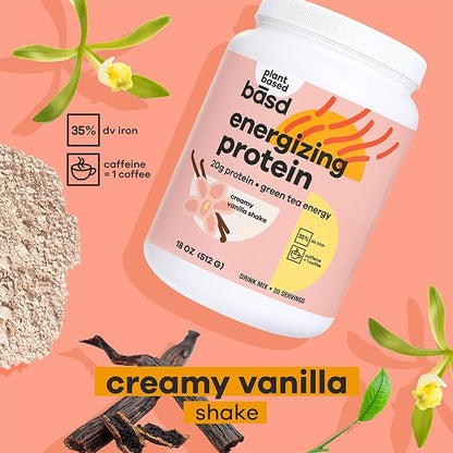 basd Energizing Protein, Vanilla Shake 20g Protein, 100mg Caffeine, 20 Servings, 512g Tub