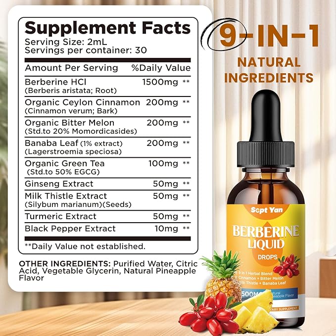 Berberine Supplement Liquid Drops- Berberine 1500mg 2 Fl