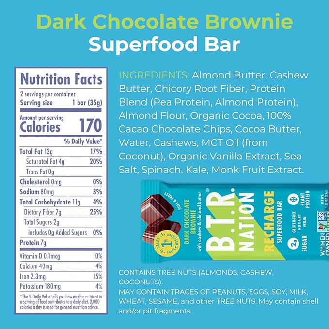 B.T.R. Superfood Keto Bars, Plant Based Vegan Protein, Low Carb, Calorie, GF, No Sugar Alcohols, Boosted with Superfoods | Cinnamon Cookie Dough & Dark Chocolate Brownie 12 Pack of Each