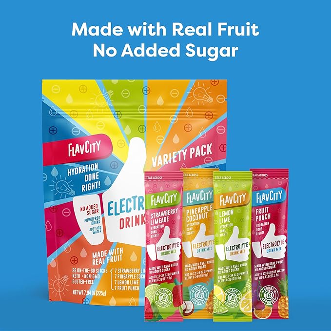 FlavCity Electrolyte Drink Mix, Variety Pack, 28 On-The-Go Stick Packs - Healthy Electrolytes Powder Packets Made with Real Fruit - Keto Powdered Drink with No Added Sugar, Gluten-Free