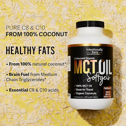 Intentionally Bare Organic MCT Oil Capsules - 70% C8 MCT Oil & 30% C10 MCT Capsules Unflavored for Keto Low Carb and Paleo Diet - MCT Oil C8 & C10 for Energy Mood & Focus - Non-GMO 300 Softgels