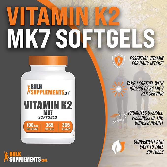 BulkSupplements.com Vitamin K2 Softgels - Vitamin K2 MK7, Vitamin K2 Supplement, MK7 Vitamin K2 for Bones - Gluten Free, Vitamin K2 100 mcg, 1 Softgel per Serving, 365 Count (Pack of 1)