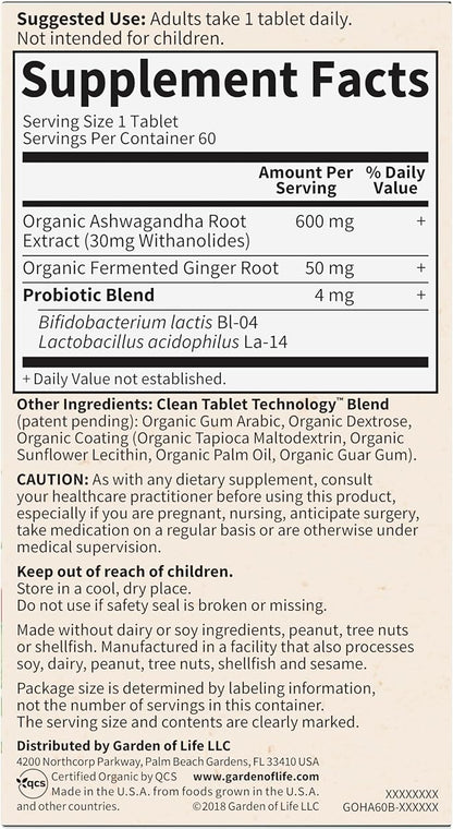 Garden of Life Organics Ashwagandha Stress, Mood & Energy Support Supplement with Probiotics & Ginger Root for Digestion - Vegan, Gluten Free, Non GMO – 2 Month Supply, 60 Tablets