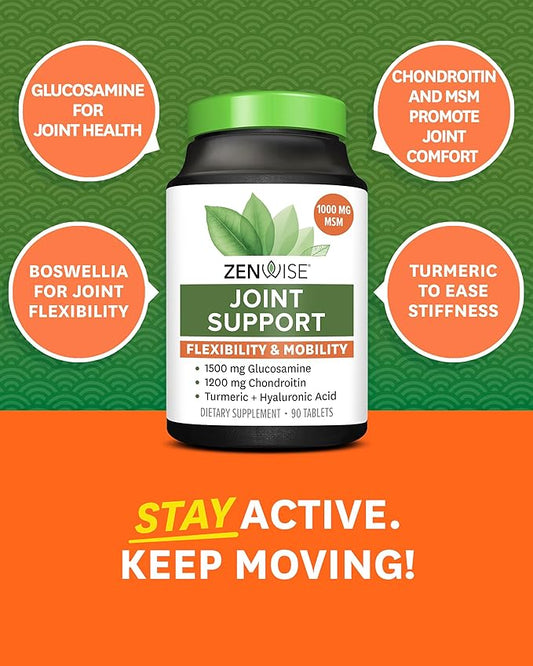 Zenwise Health Glucosamine Chondroitin MSM - Joint Support Turmeric Supplement for Hands, Back, Knee, and Joint Health, Advanced Relief for Bone and Joint Flexibility and Mobility - 90 CT