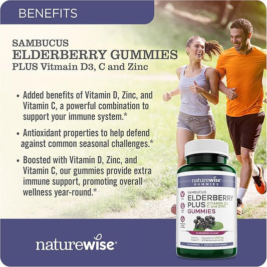 NatureWise Sambucus Elderberry Gummies - Immune Support Supplement for Kids Ages 4+ & Adults with Vitamin C, D3, Zinc - Elderberries Equivalent to 3520mg - Vegan, Non-GMO - 60 Count[30-Day Supply]