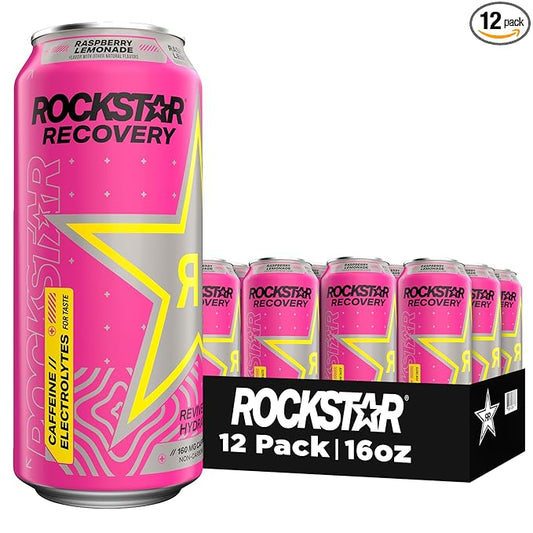 Rockstar Recovery Non-Carbonated Energy Drink, Raspberry Lemonade, 16 fl oz Cans, (12 Pack), Hydration // Mind-Body Energy, 160mg Caffeine, B Vitamins, Electrolytes