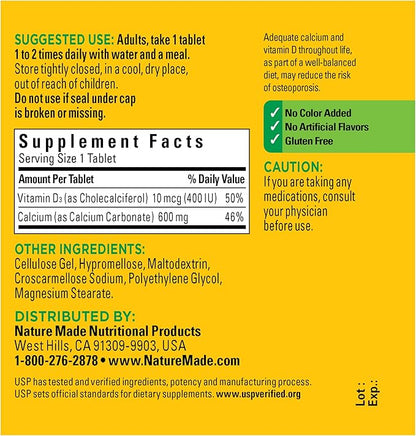 Nature Made Calcium 600 mg D3, Dietary 60 Tablets