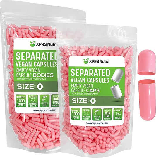 XPRS Nutra Vegan Size 0 Separated Capsules - 1000 Count Premium Empty Capsules Separated in Bags - Separated Empty 0 Capsules - Pill Capsules Empty for DIY Supplement Filling (Pink)