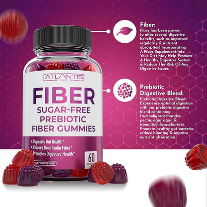 Atlantis Nutrition Sugar Free Fiber Gummies for Adults - 5G Fiber Supplement Formulated with 5.4G Prebiotic Digestive Blend - Supports Gut Health & Promotes Healthy Digestion - 2-Pack 120 Gummies