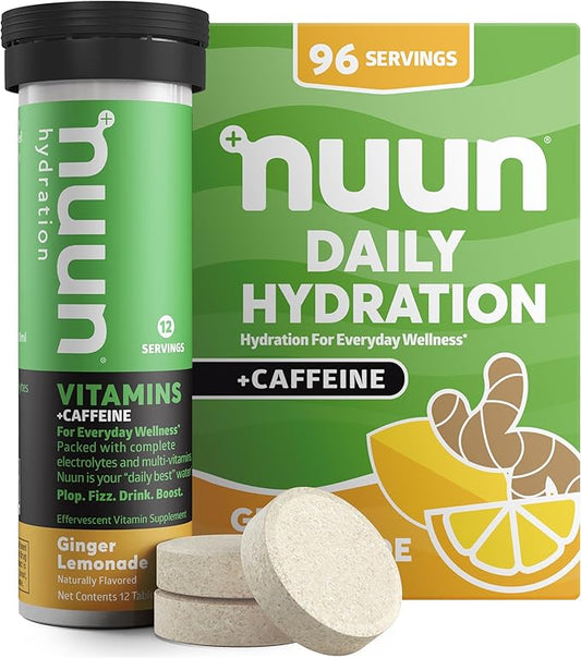 Nuun Hydration Vitamins Electrolyte Tablets + Caffeine, Ginger Lemonade, 5 Essential Electrolytes for Hydration + Vitamin A, B6, C, D, E, with Magnesium, Vegan, Non-GMO, 8 Tubes (96 Servings)