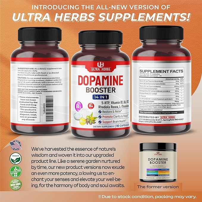 Dopamine Focus Supplement Ashwagandha 5000mg 5-HTP 50mg Rhodiola 2000mg St. 2000mg - B1, B6, B6, B12, B12, L-Theanine