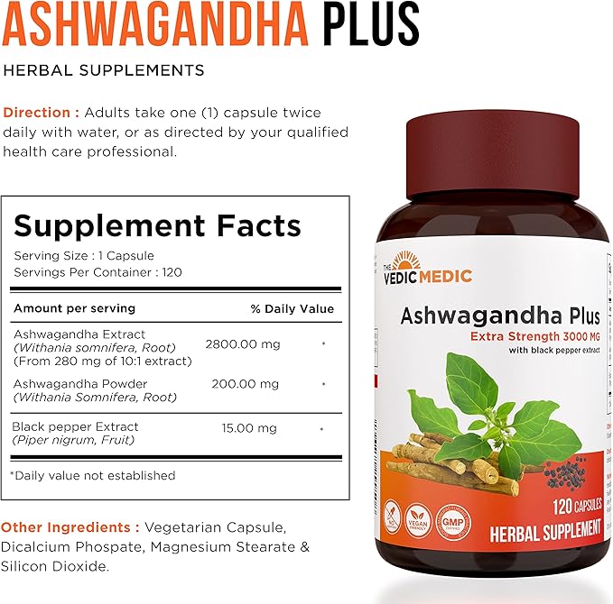 Organic Ashwagandha Capsules Extra Strength 3000mg (120)