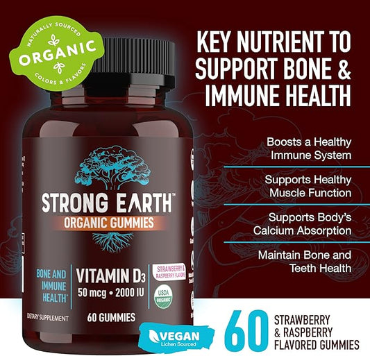 YUM-V'S Strong Earth Organic Vitamin D3 Gummies for Adults, (2000 iu Vitamin D 3 per Serving - 60 Count) for Bone & Immune Support, Vegan Chewable - Strawberry/Raspberry (60 Count)