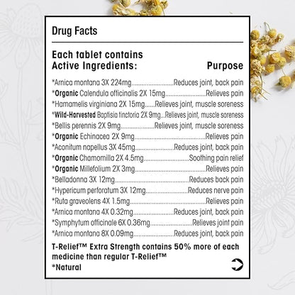 T-Relief Extra Strength Pain Relief Arnica +12 Natural Relieving Actives for Back Pain Joint Soreness Muscle Aches & Stiffness, Whole Body Fast-Acting Relief for Women & Men - 100 Tablets