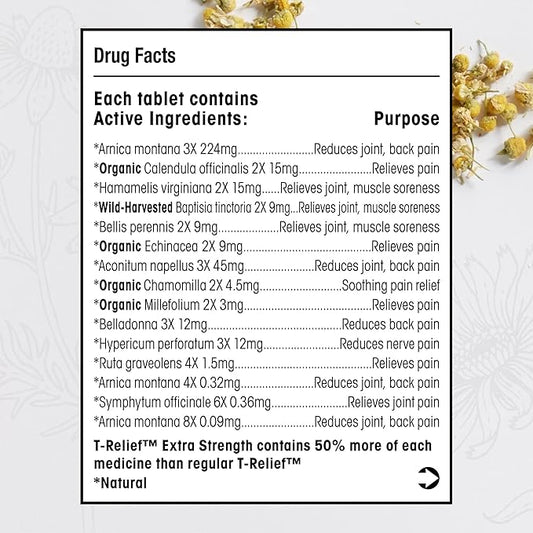 T-Relief Extra Strength Pain Relief Arnica +12 Natural Relieving Actives for Back Pain Joint Soreness Muscle Aches & Stiffness, Whole Body Fast-Acting Relief for Women & Men - 100 Tablets