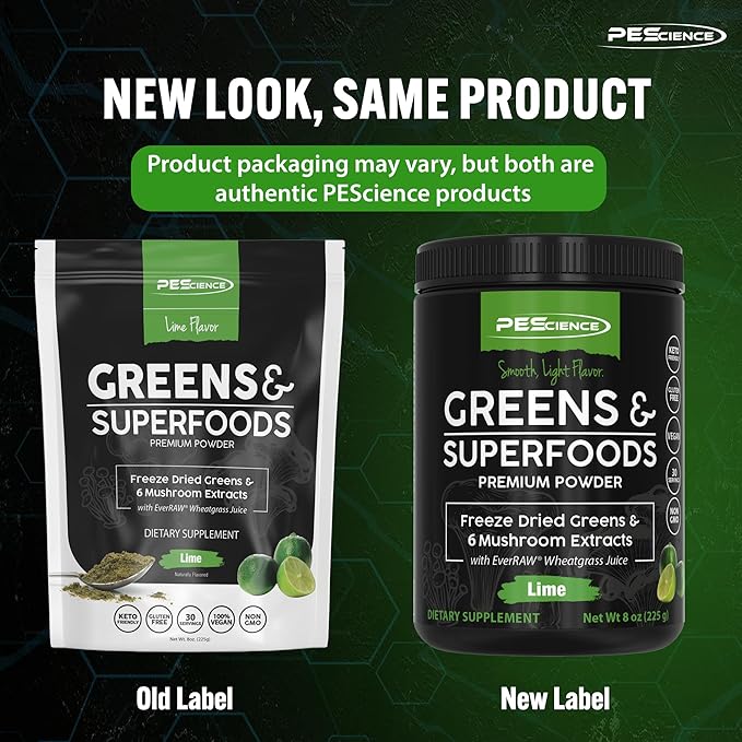 PEScience Greens & Superfoods Powder, Lime Flavor, 30 Servings, Natural Chlorophyll with Turkey Tail Mushroom & Fruit Extracts Blend