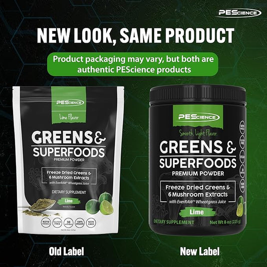 PEScience Greens & Superfoods Powder, Lime Flavor, 30 Servings, Natural Chlorophyll with Turkey Tail Mushroom & Fruit Extracts Blend