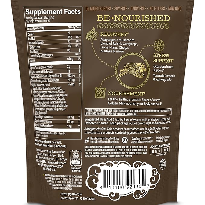 Organic Golden Milk Powder Ashwaghanda Turmeric Curcumin 90g pouch (30 srv)