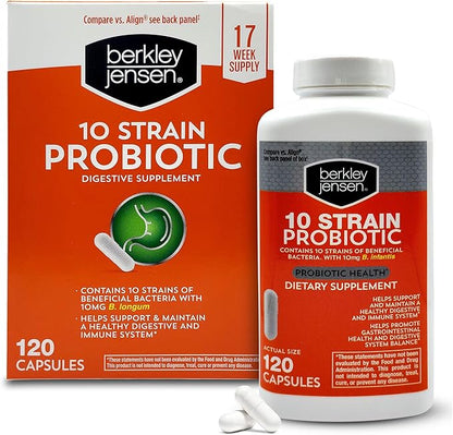 Berkley Jensen Natural 10 Strain Probiotic Supplement Capsules with 10mg B. Longum, Loaded with Live Strains & Beneficial Gut Flora, for Digestive & Immune Health - 17-Week Supply, 120 Ct